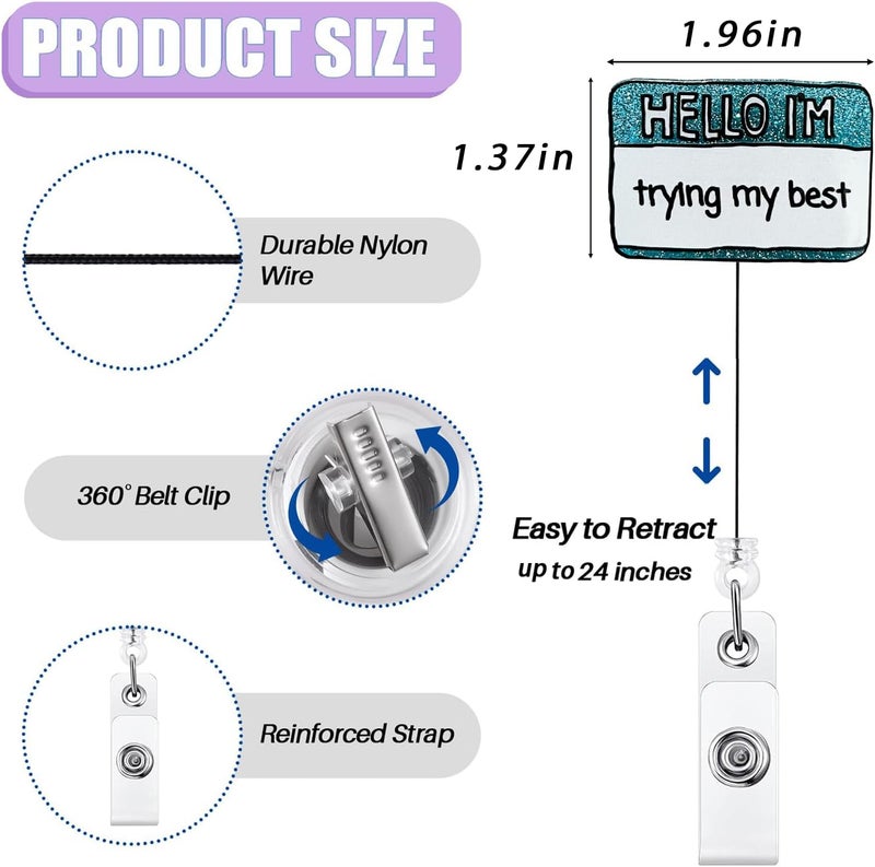 Bydevia Hello I'm Trying My Best Badge Reel Retractable, Funny Badge Reel for Nurse Nursing Student RN MA CNA LPN Medical Worker & Teacher, ID Name Badge Holder with Alligator Clip & 24” Durable Nylon Cord - Image 2